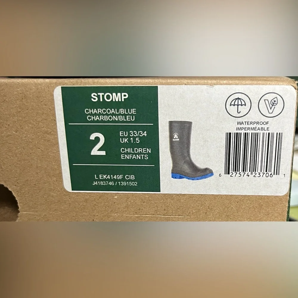Kamik Stomp Charcoal Gray & Royal Blue Waterproof Boots Kids Size 2 NIB